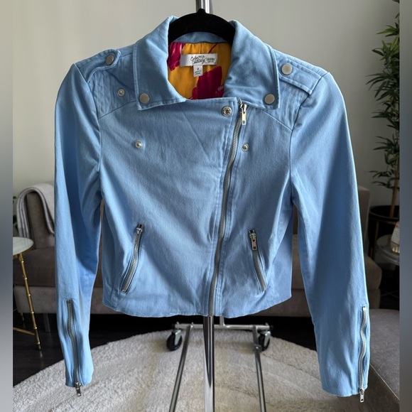 Color Me Courtney Dennis Blue Canvas Crop Biker Moto Jacket Size 2 - Picture 5 of 13